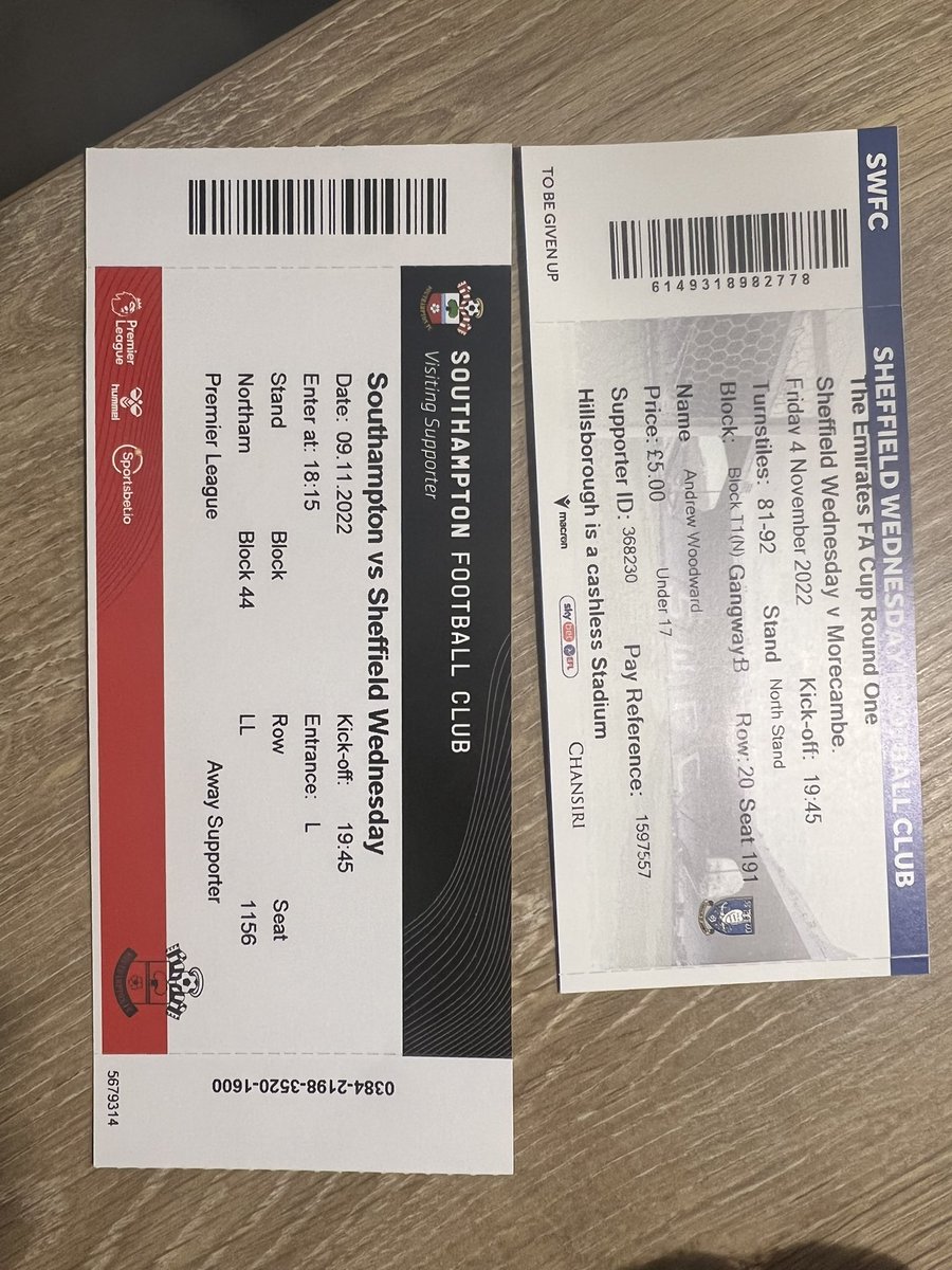 Hello Twitter people. 2 FREE, yes FREE tickets for FA Cup (1) on Friday and Southampton (1) next week.  Both are Under 17, however I cannot see anywhere on the Southampton one where it says Under 17…👀. First come first serve. Collection only from Hoyland.