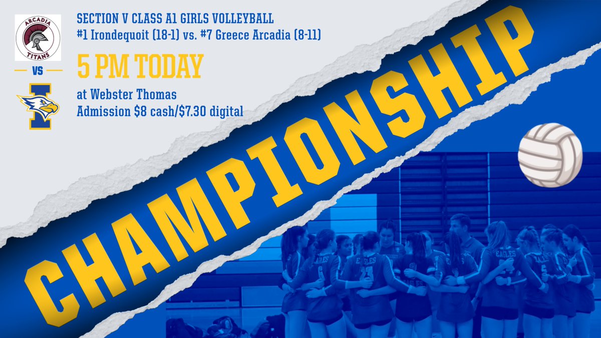 FRIDAY: Title shot time for girls volleyball!

🏐#1 seed IHS (18-1) vs. #7 Greece Arcadia (8-11) in the Section V Class A1 championship at Webster Thomas (admission is $8 cash, $7.30 digital; online tix: bit.ly/3Ug6Gtg)

🎥Watch: bit.ly/3DyOB2Y

Good luck!