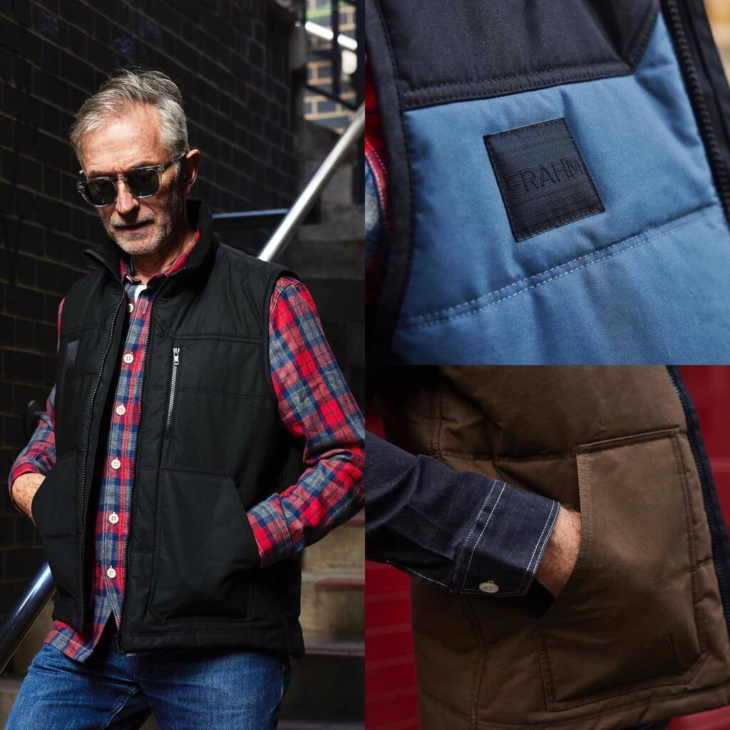 LAUNCH: the FRAHM Quilted Utility Gilet (the best a man can get). As modelled and forced into smart casualness (a phrase that annoys him so much I feel a pedantic compunction to use it) by @greyfoxstyle on Southwark Bridge. Behold the coziness. The multi use utility. The poc…