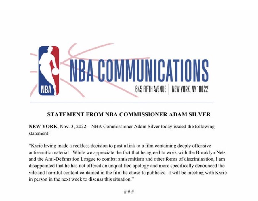 Adam Silver comunica que mantendrá una reunión en privado la próxima semana con Kyrie Irving (#NetsWorld ), ya que el jugador no ha pedido perdón por compartir en redes sociales mensajes antisemitas.