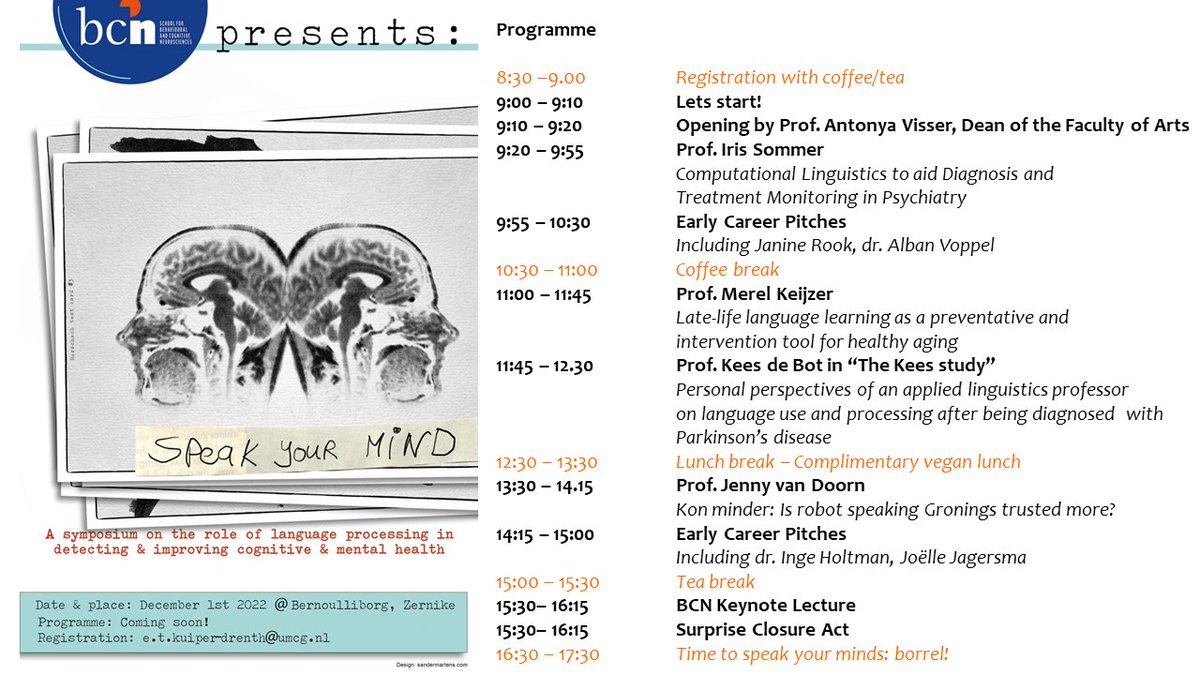 Register now for the BCN Symposium: "Speak your mind: the role of language processing in detecting and improving cognitive and mental health problems". Find our programme with all fabulous speakers below!
🗓️: 1 December. 🏢: Bernouilliborg.