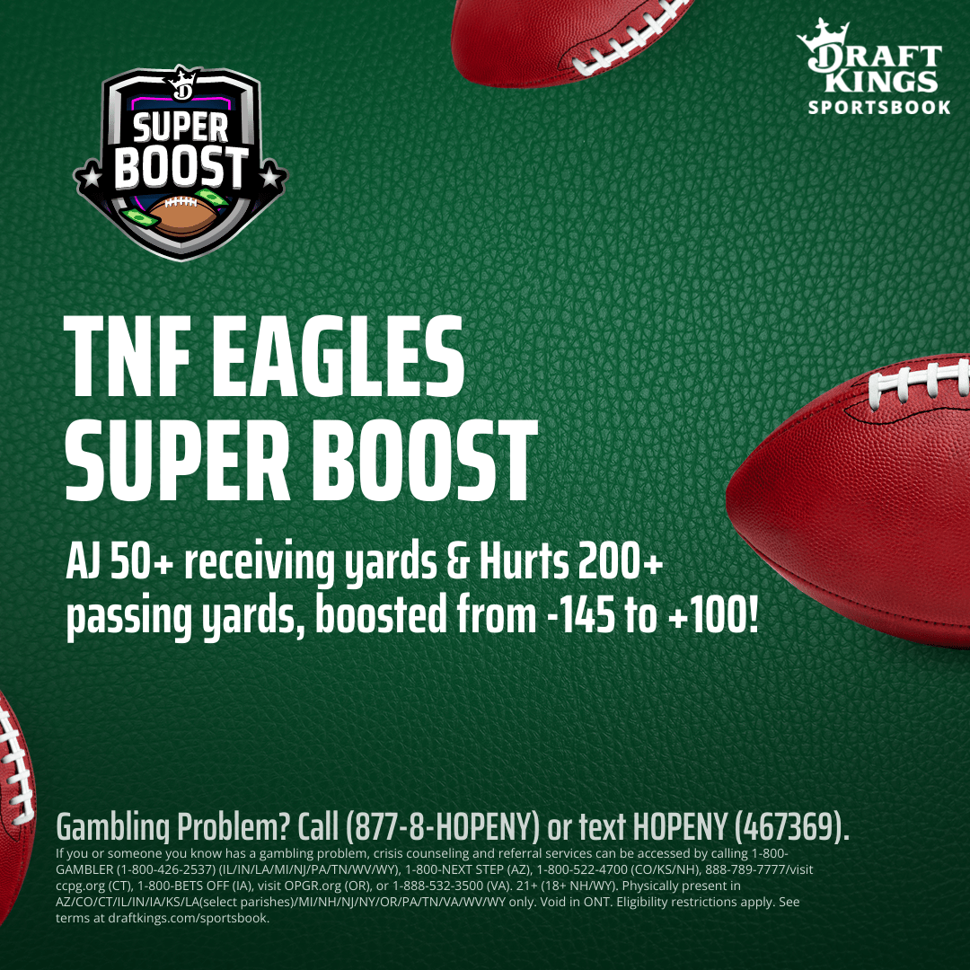 DKSports's tweet photo. TNF SUPER BOOST: AJ Brown 50+ Receiving Yards &amp; Jalen Hurts 200+ Passing Yards.

Was: -145
Now: +100

OPT IN: https://t.co/Gyw5CMw75y https://t.co/tzCtELzhi0