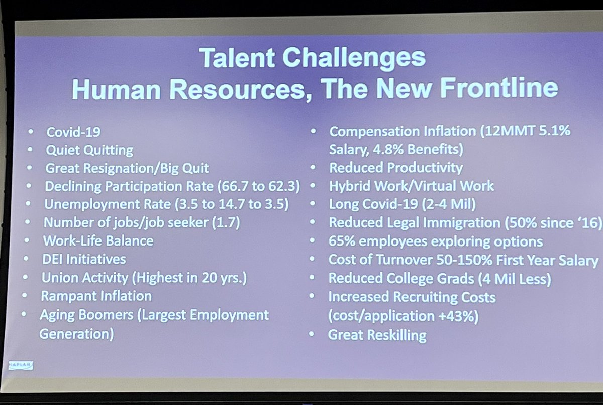 RachaelBourque's tweet photo. #HR has a lot on their plate. The complexity of various challenges all coming together in today’s market on a slide. #ATD #SWLS2022 #DallasKnowsTalent @ATDDallas @KaplanEdNews #learning #education #HumanResources #talentmanagement https://t.co/3mWb4DaqTL