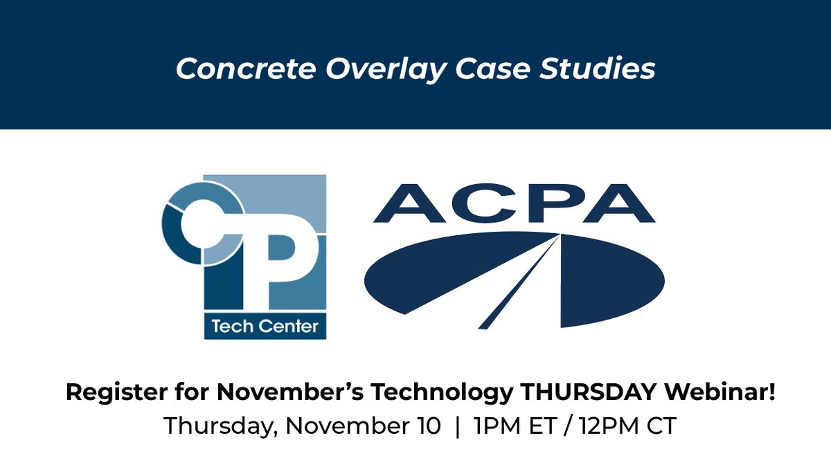 ACPAMidAtlantic's tweet photo. Join us next week on November 10th for the Technology Thursday webinar on Concrete Overlay Case Studies.

Register here: https://t.co/sA9ZOG4y2D

#webinar #concretepavement #overlays #infrastructure https://t.co/U1VH5fM42h