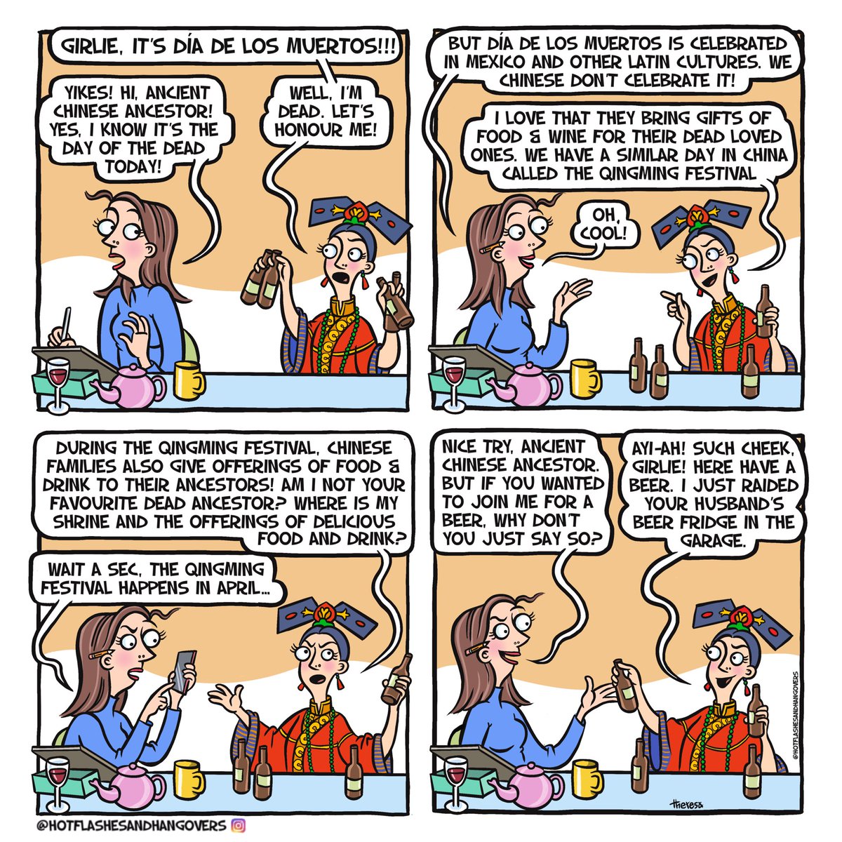 Dia de los Muertos &amp; QingMing Festival Mix-up at Hotflashes &amp; Hangovers! Posted yesterday but it disappeared! Hmmmmm…
More funnies at: instagram.com/hotflashesandh…

#comicstyle #qingmingfestival #dayofthedeadfestival #comicstrip #igcomics