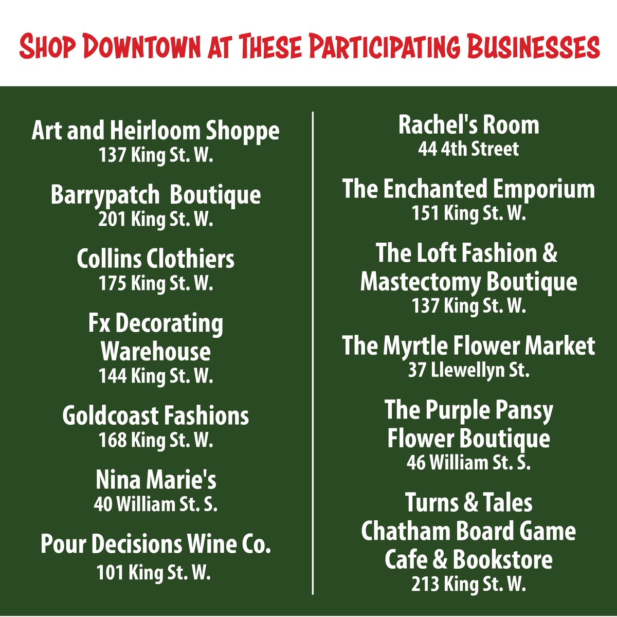 Come down to #downtownchatham on November 24, 2022. Each participating business will be offering their own special!
