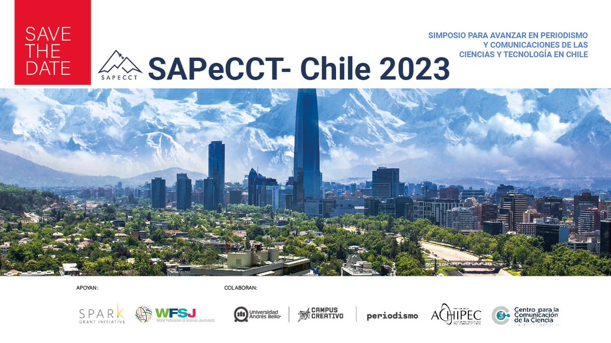 Achipec's tweet photo. 🗓✅  El 3, 4 y 5 de abril del 2023 se realizará en Santiago de Chile (@uandresbello), el 1° Simposio para Avanzar en Periodismo y Comunicaciones de las Ciencias y Tecnología en Chile (SAPeCCT).  
¡No te lo pierdas! 🤩

👀 Pronto más información. 

#SAPECCTCHILE2023 https://t.co/j8Yk107lZx