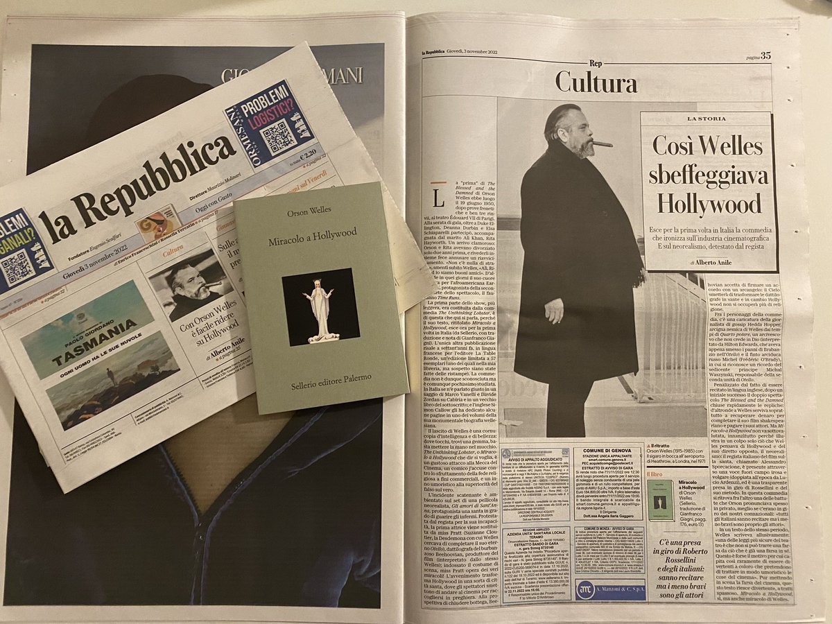 sellerioeditore's tweet photo. Per la prima volta in italiano la commedia di #OrsonWelles che ironizza sull’industria cinematografica, “Miracolo a #Holliwood”. Una bella pagina firmata da Alberto #Anile oggi su @repubblica https://t.co/A7mokjqAfk