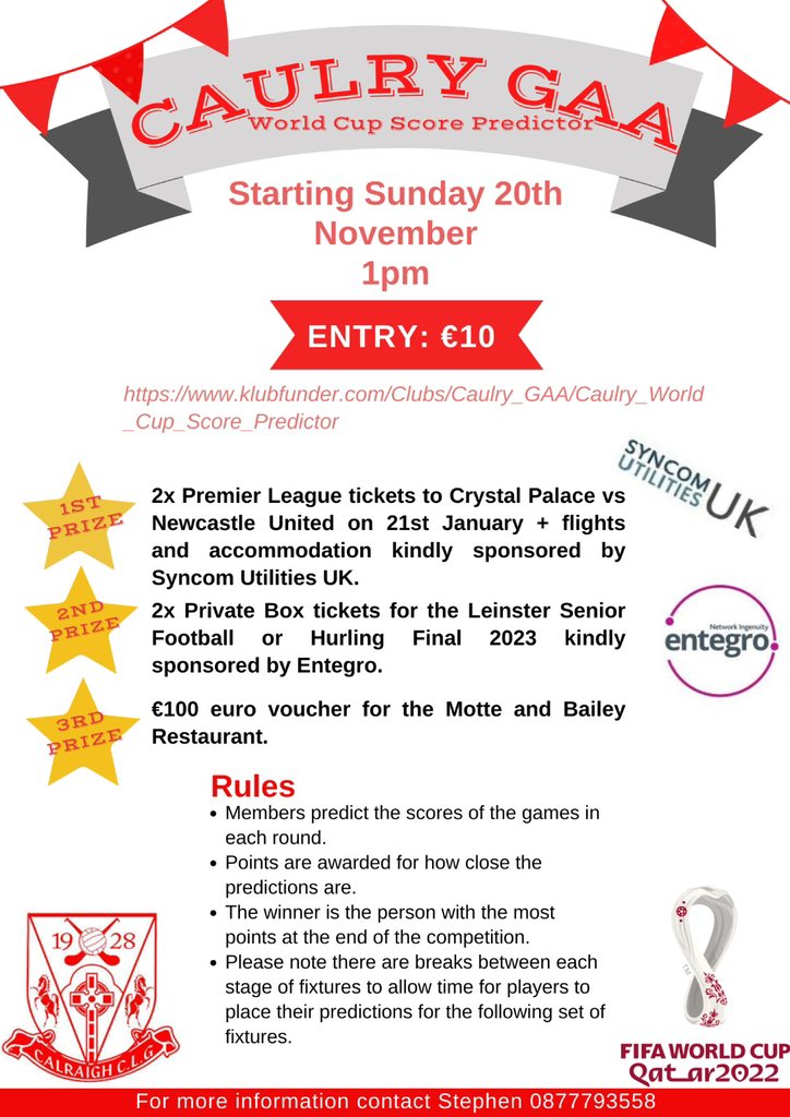 caulry's tweet photo. We are running the ‘World Cup Score Predictor’ fundraising draw which kicks off on November 1st. Entry is only €10 and there are 3 amazing prizes up for grabs. 🤩 See full details below.
Your support is greatly appreciated!! 🔴⚪️
Follow the link to enter: https://t.co/AzBZrSmGXT https://t.co/xRwOR6euZq