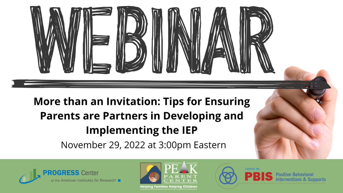 Join the PROGRESS Center and partners from <a href="/PEAKParent/">PEAK Parent Center</a> and <a href="/CenterOnPBIS/">Center on PBIS</a> for a free webinar on helping schools engage parents as partners in the #IEP process! Learn more about the event and register here: bit.ly/3NvluCl