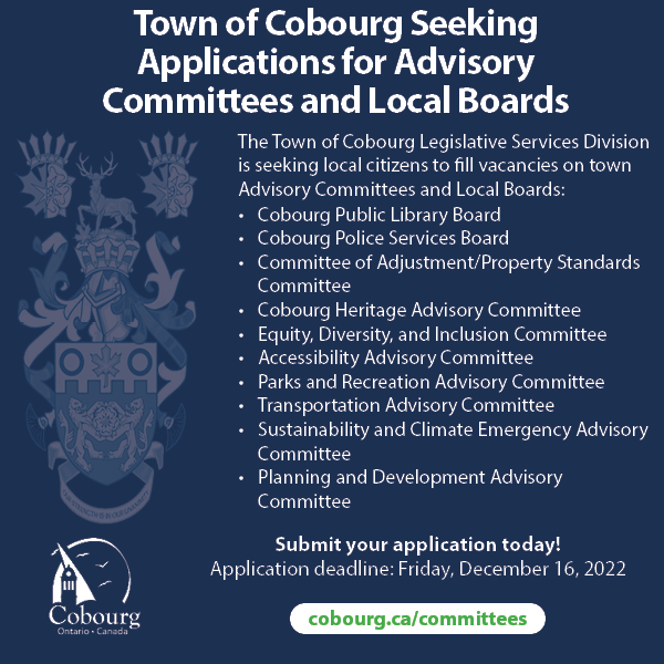 TownofCobourg's tweet photo. LEGISLATIVE SERVICES: The Town of Cobourg Legislative Services Division is seeking local citizens to fill vacancies on town Advisory Committees and Local Boards. 

👉 Read more in our Public Notice: https://t.co/katVuO1jer https://t.co/Vszxe70glS