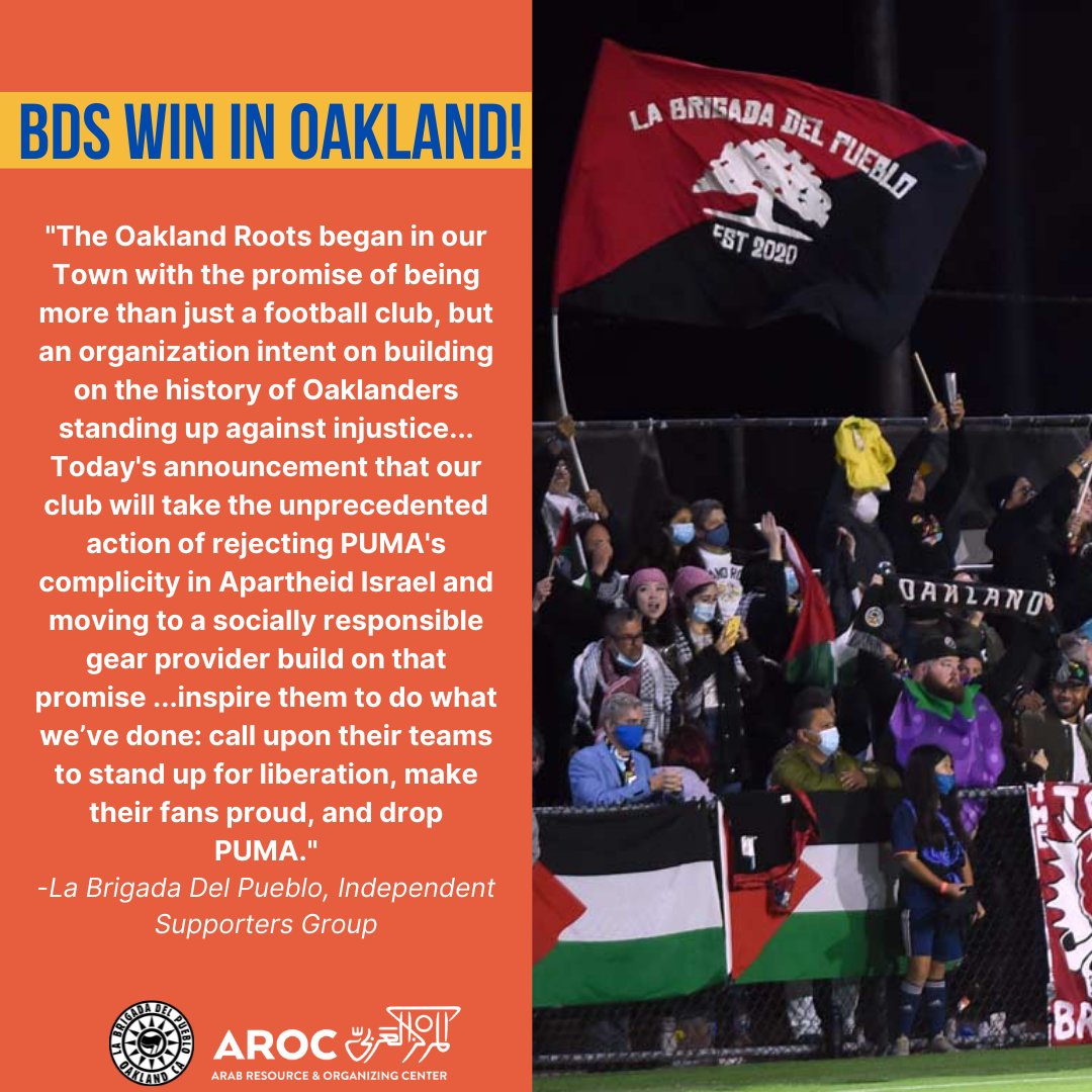 AROCBayArea's tweet photo. BDS Win in Oakland! After a year of community and fan groups raising concerns about PUMA, Oakland Roots drops Puma. @oaklandrootssc becomes the first US sports team to head the Palestinian call to drop Puma! #BDS #DropPuma https://t.co/Zrywc8pu0a