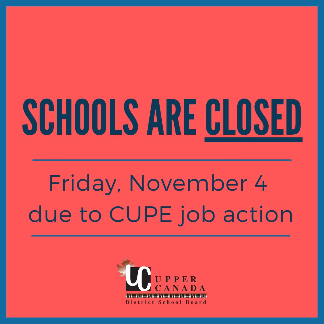 The provincial government and CUPE have not yet reached a deal and CUPE has confirmed that they will be on strike tomorrow, Friday, Nov. 4. As such, UCDSB schools will be closed to students on Friday, Nov. 4.
Read the full update 👉 ow.ly/q9yI50LtMw1