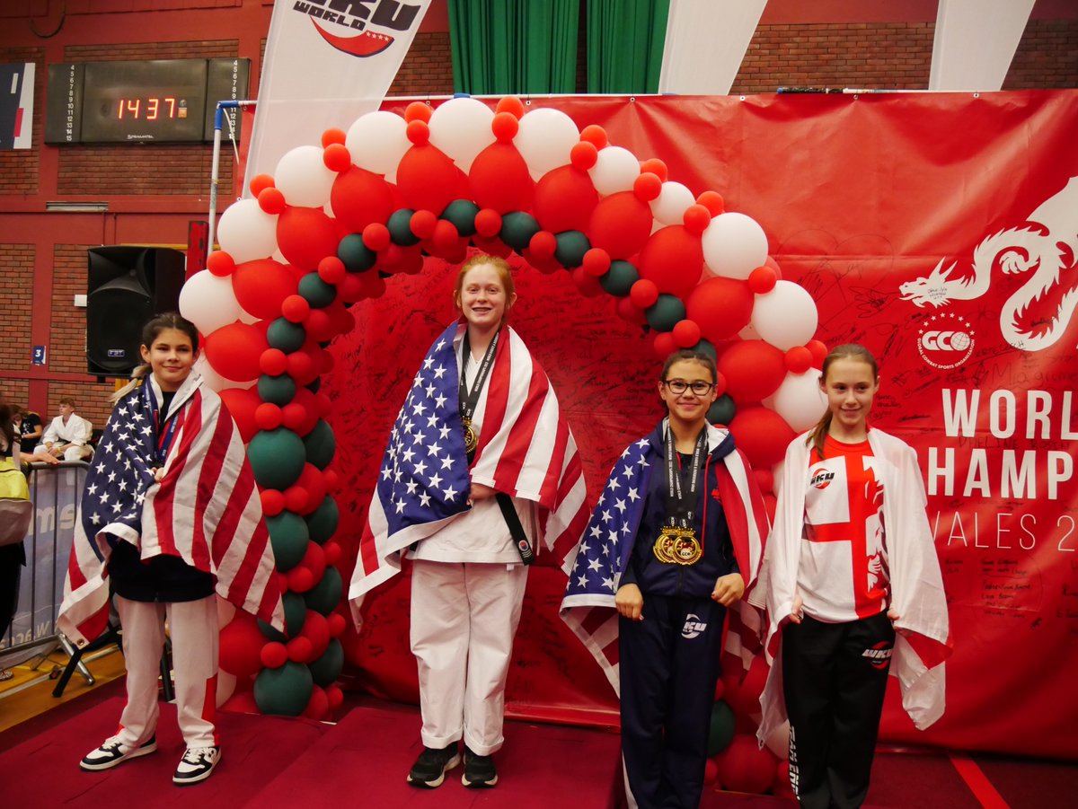 7th grader Jocelyn Westerfeld competed in the WKU World Karate Tournament in Cardiff, Wales October 24-28 coming home a world champion.  She competed in 1 fighting division, 2 forms divisions, 2 weapons divisions.  She brought home 2 gold medals and 2 silver weapons. Congrats!