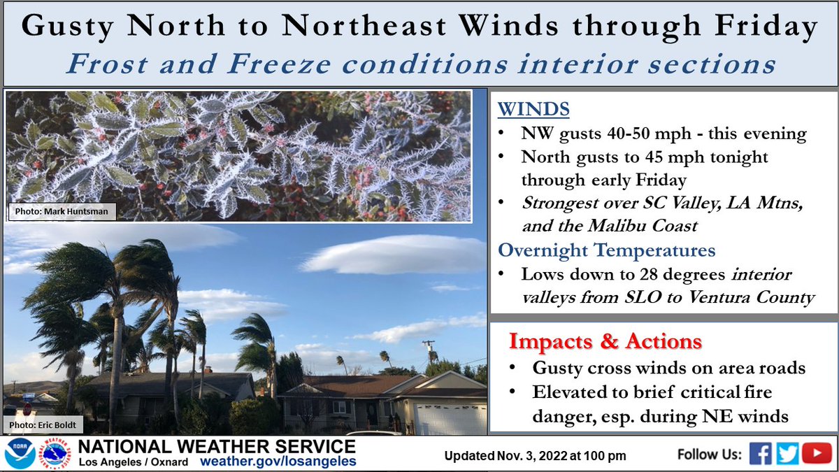 Another cold and breezy night expected across #SoCal, with northerly winds gusting 40-50 mph in many areas. Meanwhile, sheltered locations will see frost and freeze conditions. Protect pets and sensitive plants, and use caution in areas with crosswinds! #CAwx