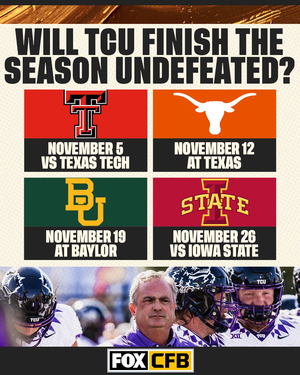 CFBONFOX's tweet image. 🐸 @TCUFootball is STILL perfect through Week 9 😤

Can they finish the season undefeated with their remaining schedule?