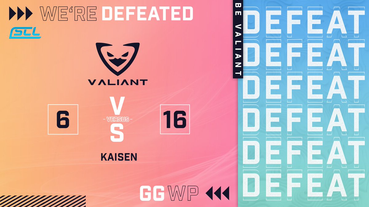 [DEFEAT]

Good evening lads,

we lost our second match to a better opponent and are now 2-4. With 2 games left, we need to improve for these matches. GGWP!

🗺️Ancient 6:16

Sleep well and #beVALIANT