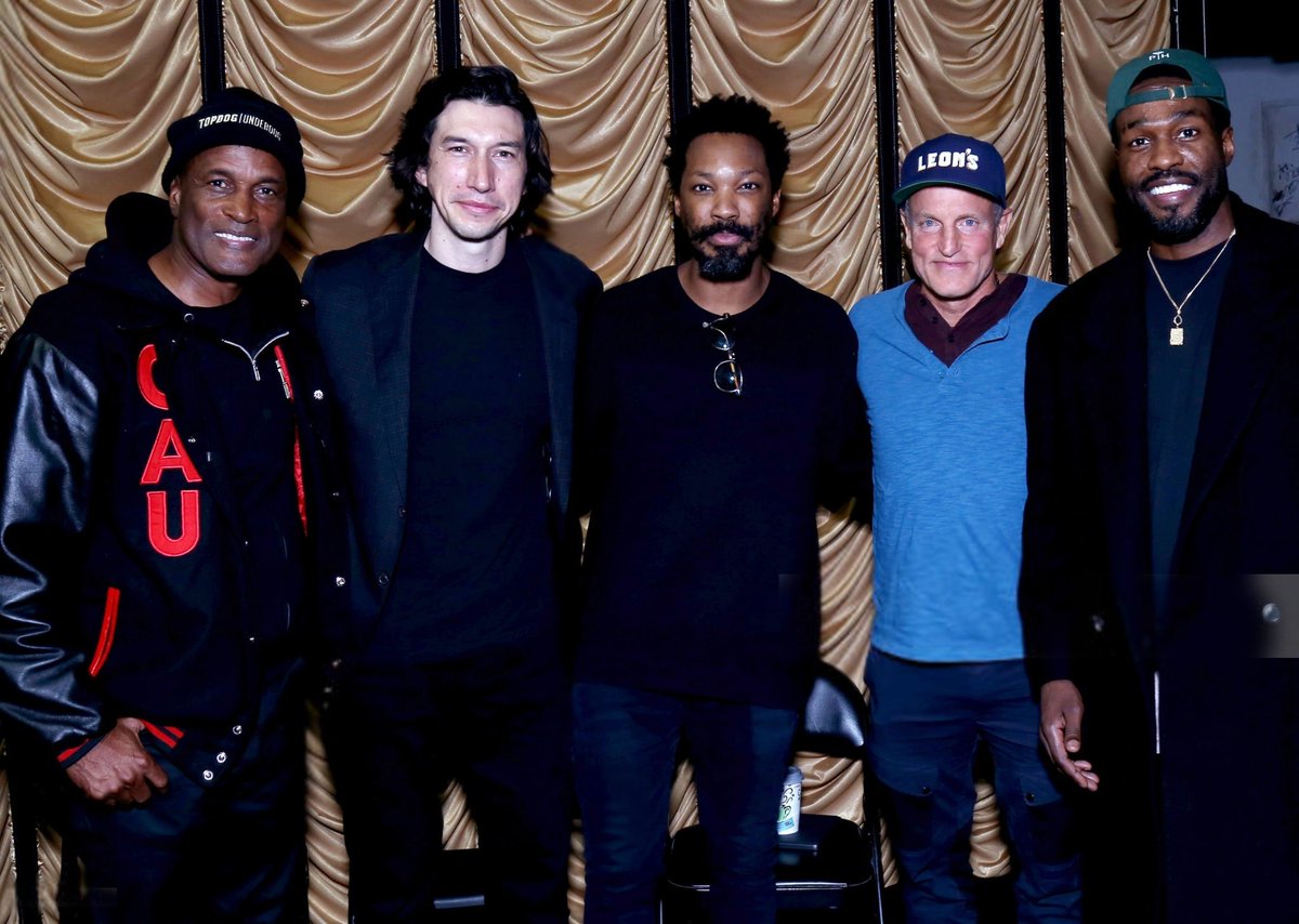#KennyLeon, #AdamDriver, #CoreyHawkins, #WoodyHarrelson and #YahyaAbdulMateenII pose backstage at the play 'Topdog/Underdog' on Broadway at The Golden Theater on November 2, 2022 in New York City.