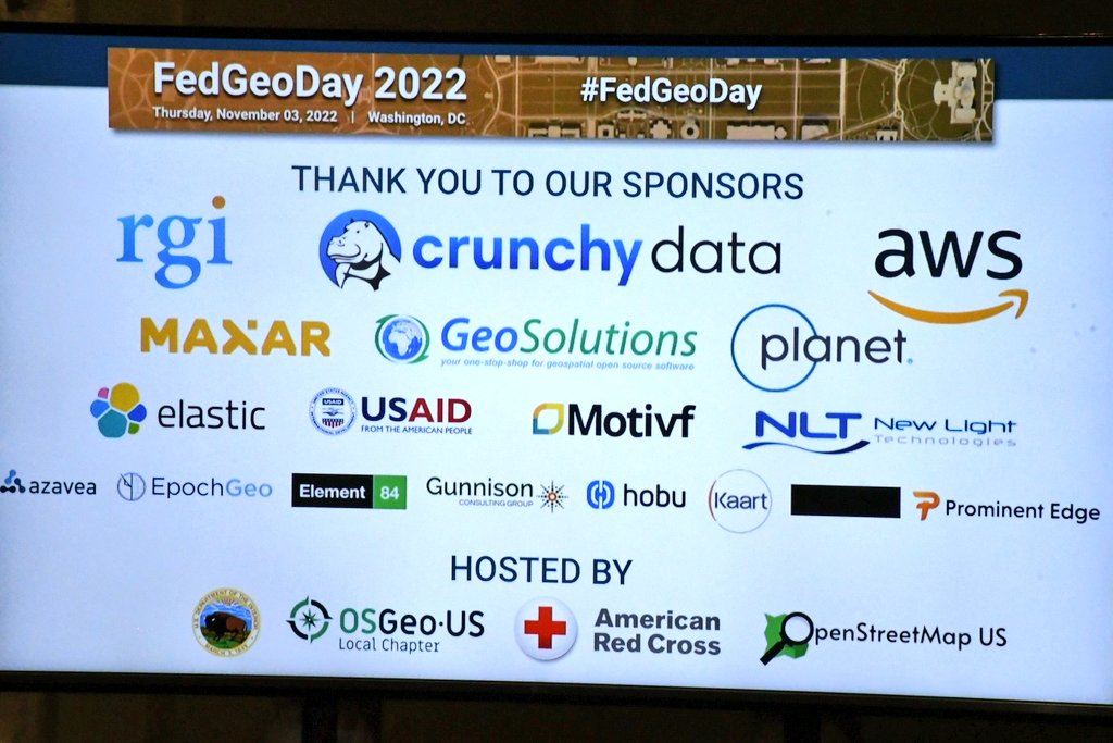 It's a wrap! Closing remarks by <a href="/eddie_pickle/">Eddie Pickle</a> on #fedgeoday. Thanks Eddie for all your work organizing, and big thanks to all our sponsors, and to the organizing committee!