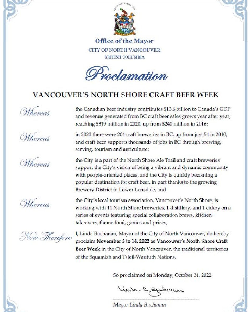 🍻 Happy to again proclaim <a href="/VanNorthShore/">VancouversNorthShore</a> Craft Beer Week in the <a href="/CityOfNorthVan/">City of North Vancouver</a>! Craft breweries are social hubs where you can try local flavours. Craft brewing was once overlooked by many, but today the industry has proven it contributes to a prosperous and vibrant community.
