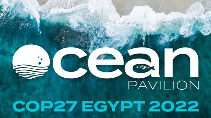 An image of a wave and the words 'Ocean Pavilion, COP27 Egypt 2022'