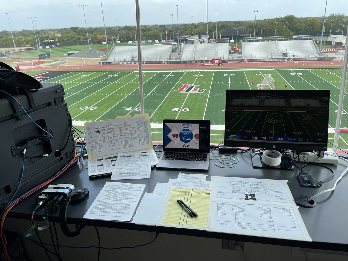 All set up and ready to roll for tonight’s special Thursday night edition of 𝙁𝙍𝙄𝘿𝘼𝙔 𝙉𝙄𝙂𝙃𝙏 𝙁𝙊𝙊𝙏𝘽𝘼𝙇𝙇

<a href="/FootballMelissa/">Melissa Cardinal Football</a> visits #9 <a href="/leopardfootball/">LOJO Football</a> for the district title.

Join me &amp; <a href="/hekma_harrison/">Hek’ma Harrison</a> at 7:30 on the <a href="/wfaa/">WFAA</a> YT or WFAA+

WATCH:  youtu.be/UsUkRNwTLwY