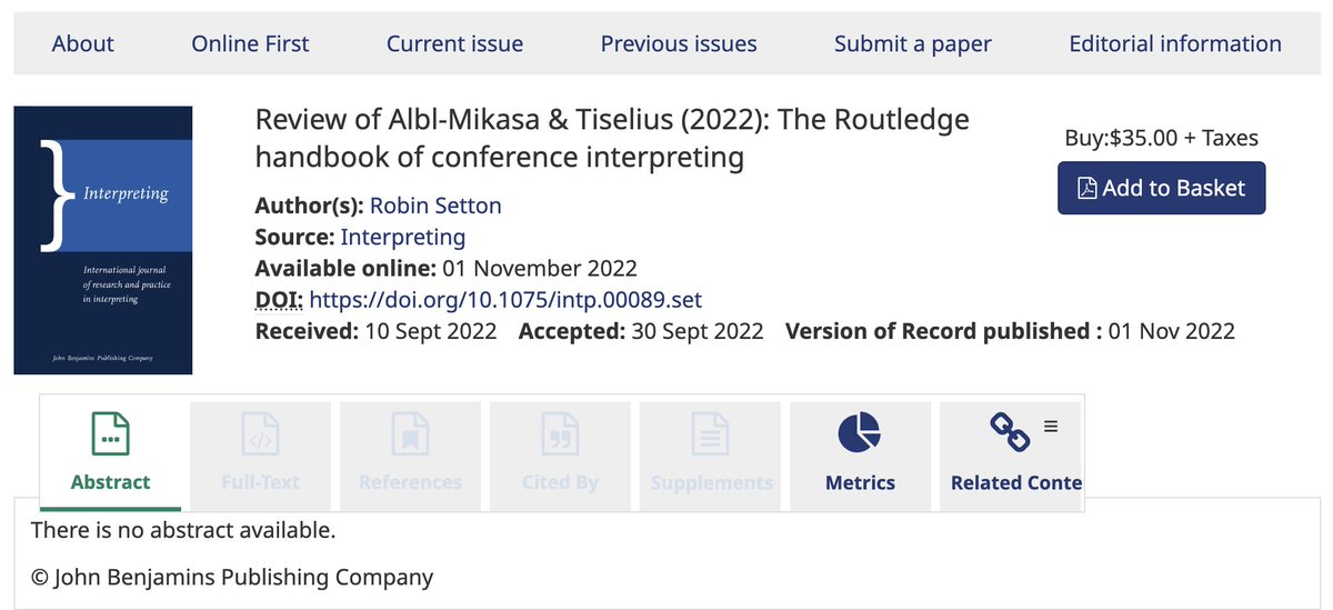 Interpreting / Journal of Interpreting Studies (@interpretingj) on Twitter photo New <a href="/InterpretingJ/">Interpreting / Journal of Interpreting Studies</a>
Book review: "Review of Albl-Mikasa & Tiselius (2022): The Routledge handbook of conference interpreting"
by Robin Setton
doi.org/10.1075/intp.0…
#1nt #TranslationStudies
@johnbenjamins <a href="/tulkur/">Elisabet Tiselius</a> New <a href="/InterpretingJ/">Interpreting / Journal of Interpreting Studies</a>
Book review: "Review of Albl-Mikasa & Tiselius (2022): The Routledge handbook of conference interpreting"
by Robin Setton
doi.org/10.1075/intp.0…
#1nt #TranslationStudies
@johnbenjamins <a href="/tulkur/">Elisabet Tiselius</a>