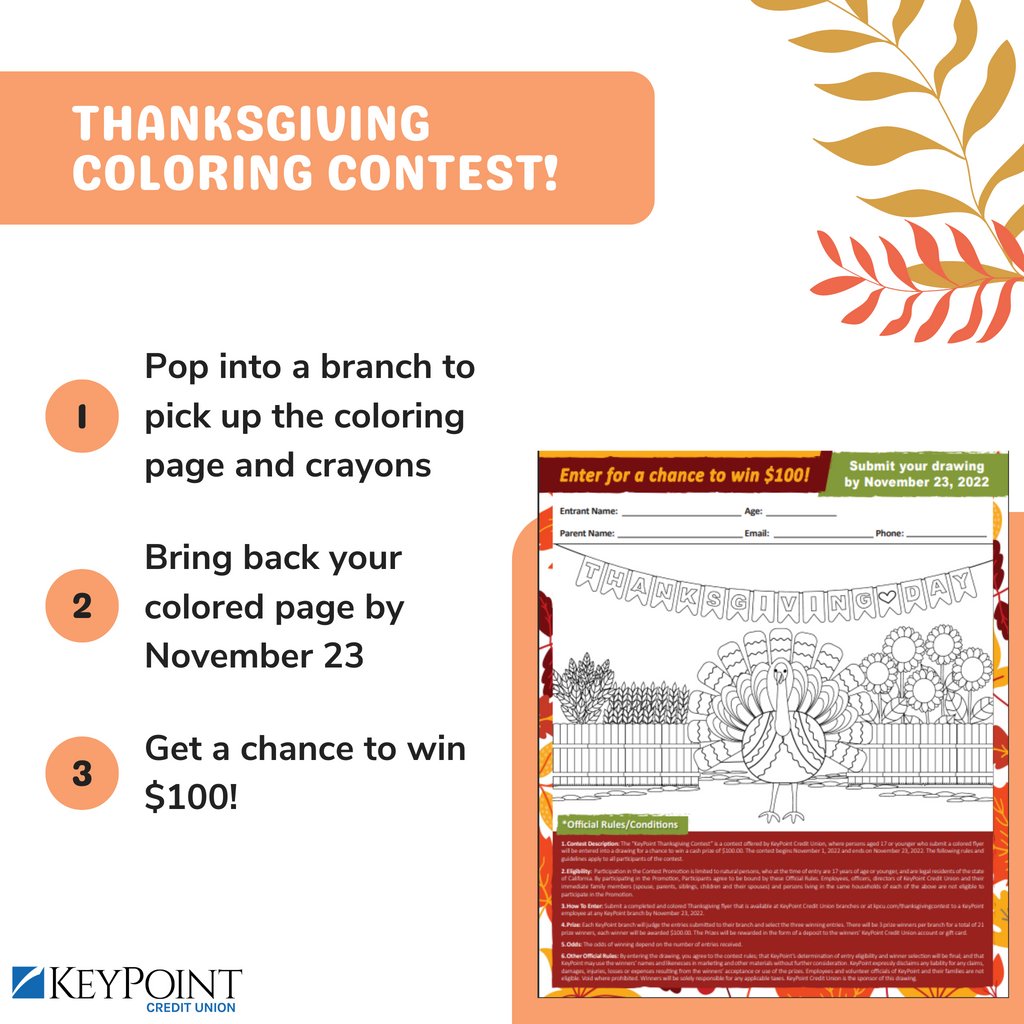 KeyPointCU's tweet photo. Get in the fall spirit with our coloring contest for kids! Pop into any KPCU branch to pick up a coloring page and crayons then submit the colored page before November 23 for a chance to win $100! #keypointcu #kpcu https://t.co/dJssk8Xiuj