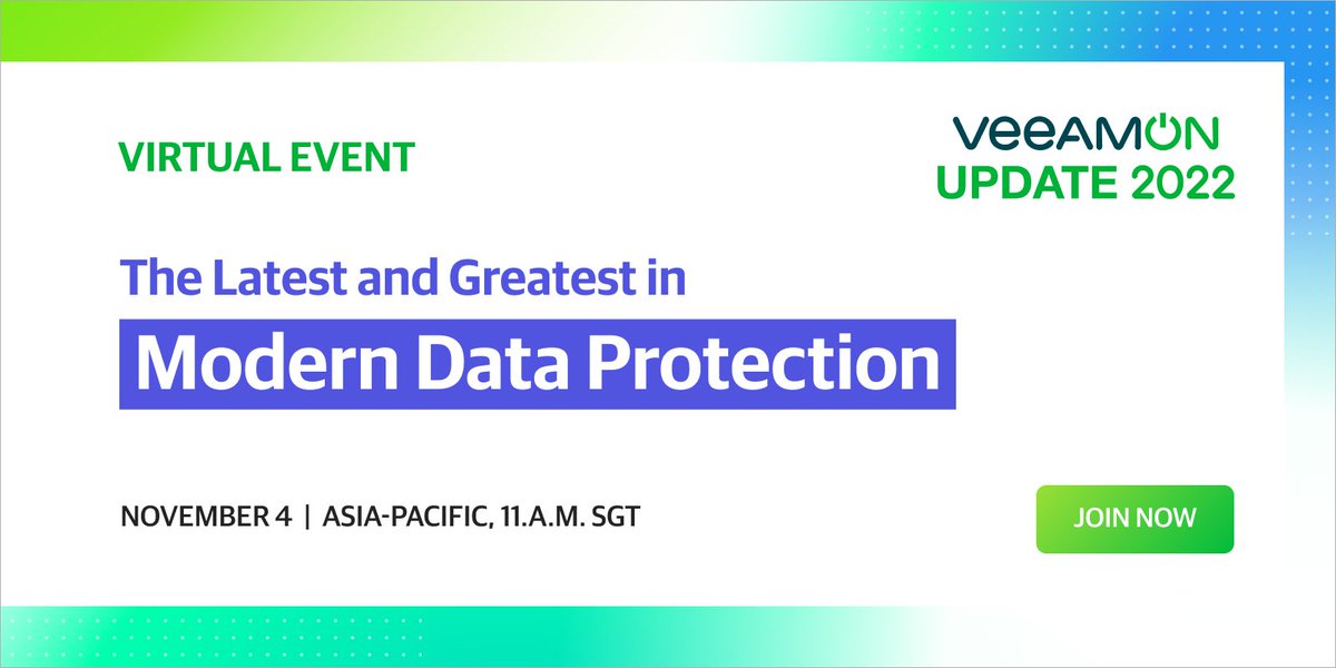 Veeam's tweet photo. Just 1 hour to go until #VeeamONUpdate for Asia-Pacific- The event starts at 11:00 a.m. SGT with partner-exclusive session &amp; the main keynote at 11:30 a.m. SGT - Register now>> https://t.co/tBFJdjJEd7

Follow along on Twitter @Veeam_APAC for live updates! https://t.co/kpMGcqM2TX