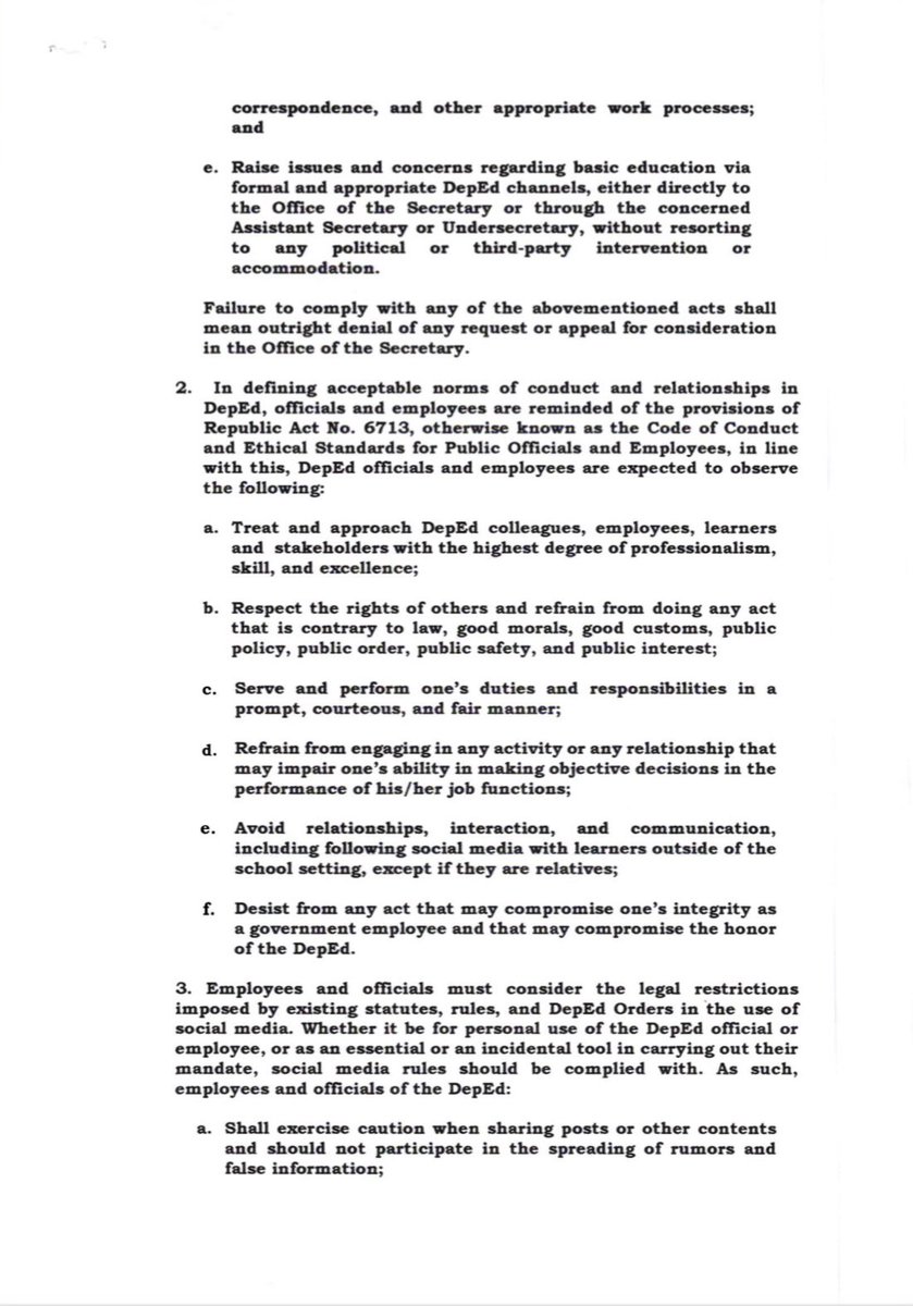 gmanews's tweet photo. READ: In DepEd’s D.O. 49, DepEd employees are told to “avoid relationships, interaction, and communication, including following social media with learners outside of the school setting, except if they are relatives.” | via @_iancruz https://t.co/NrTm7STHvf