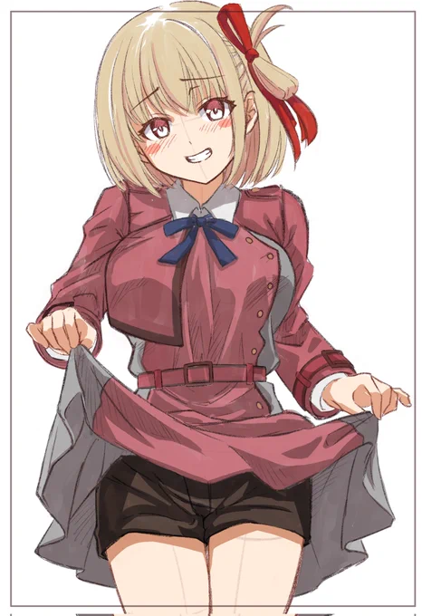 千束ちゃんラフです。たきなぁ借りてるよ?的な逆光とかにして、エモい感じに仕上げたいです。 #カラーラフ(借りてない恥ずかしいverも描いてます) 