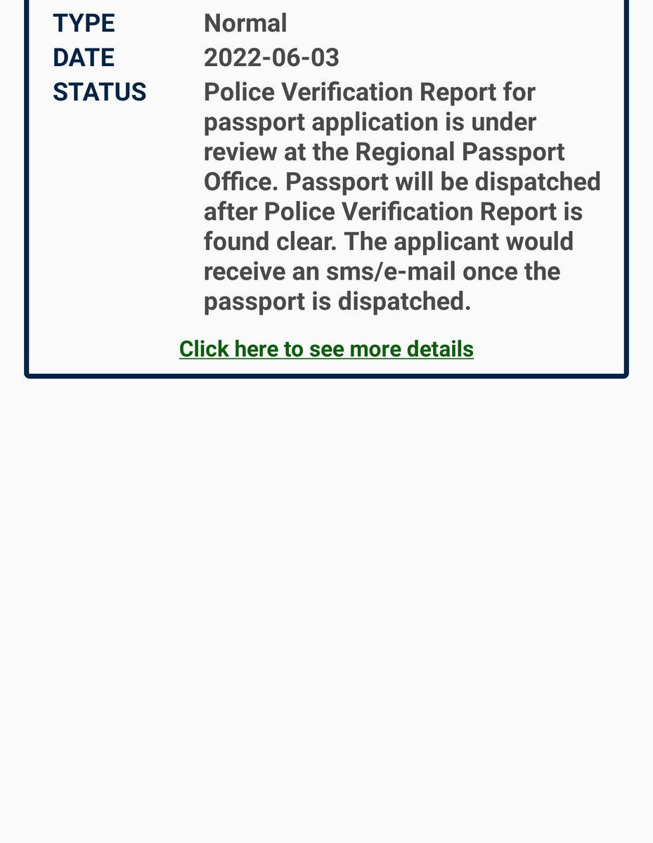 sagar1212's tweet photo. My file no. is BO3076483044822. Status showing "Police Verification Report for passport application is under review at the RPO." Police has already submitted clear report on 6 October. Kindly let me know by when will I receive my passport. Thanks.
@rpomumbai @passportsevamea https://t.co/7PLhg4NzLX