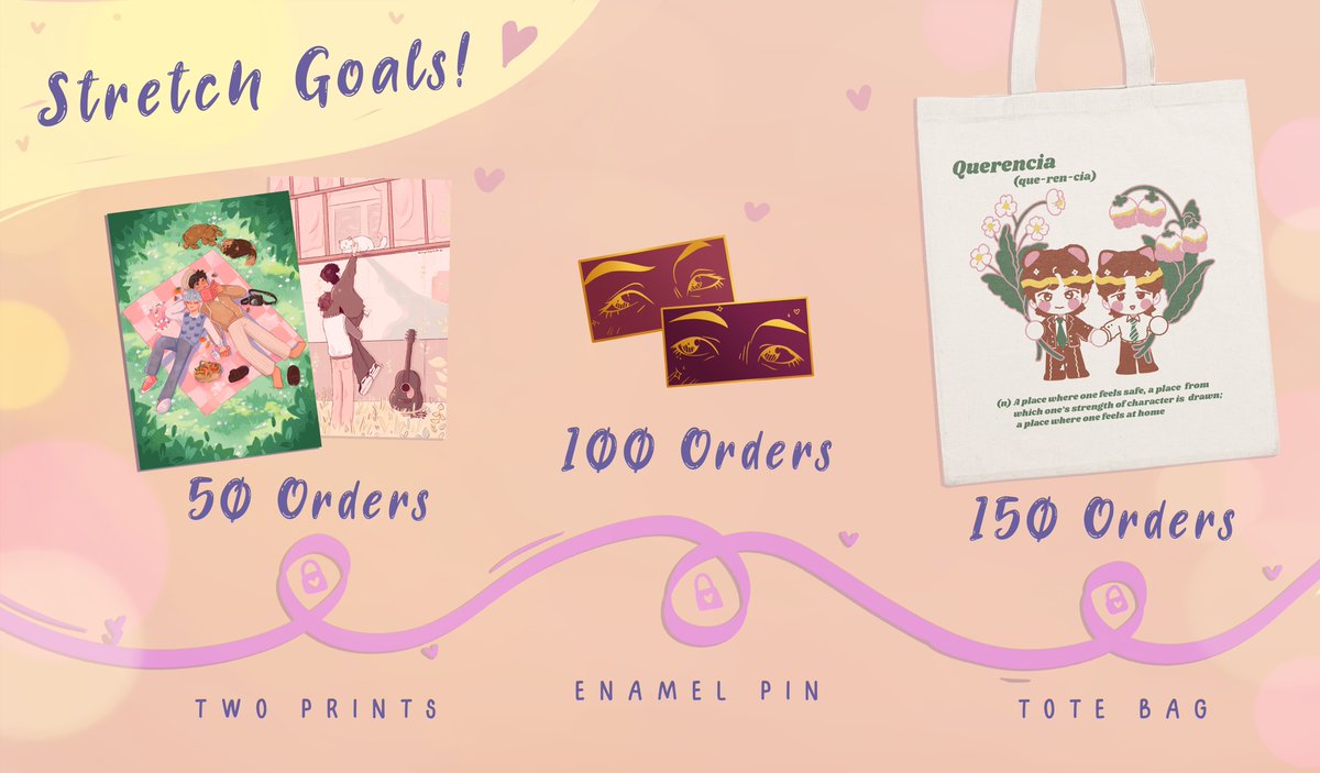 🌸 Stretch Goals

With every stretch goal that is met, qualifying bundles will receive the following merch pieces as a bonus!
♡ 50 orders - 2 additional prints
♡ 100 orders - enamel pin
♡ 150 orders - tote bag