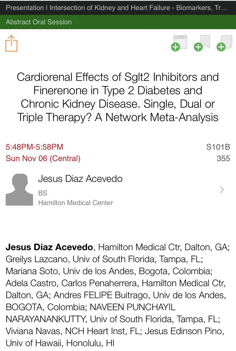 DrJesusHDiaz's tweet photo. Thrilled to speak at #AHA22 about the #cardiorenal effects of #TripleTherapy (#SGLT2i + #finerenone + #ACEi/#ARB) in patients with #T2DM and #CKD at the session “Intersection of kidney and heart failure”@AHAMeetings @AHAScience @md_viviana @CPenaherreraMD @AFBSM @JesusPinoMD https://t.co/YMUYgW51Ay