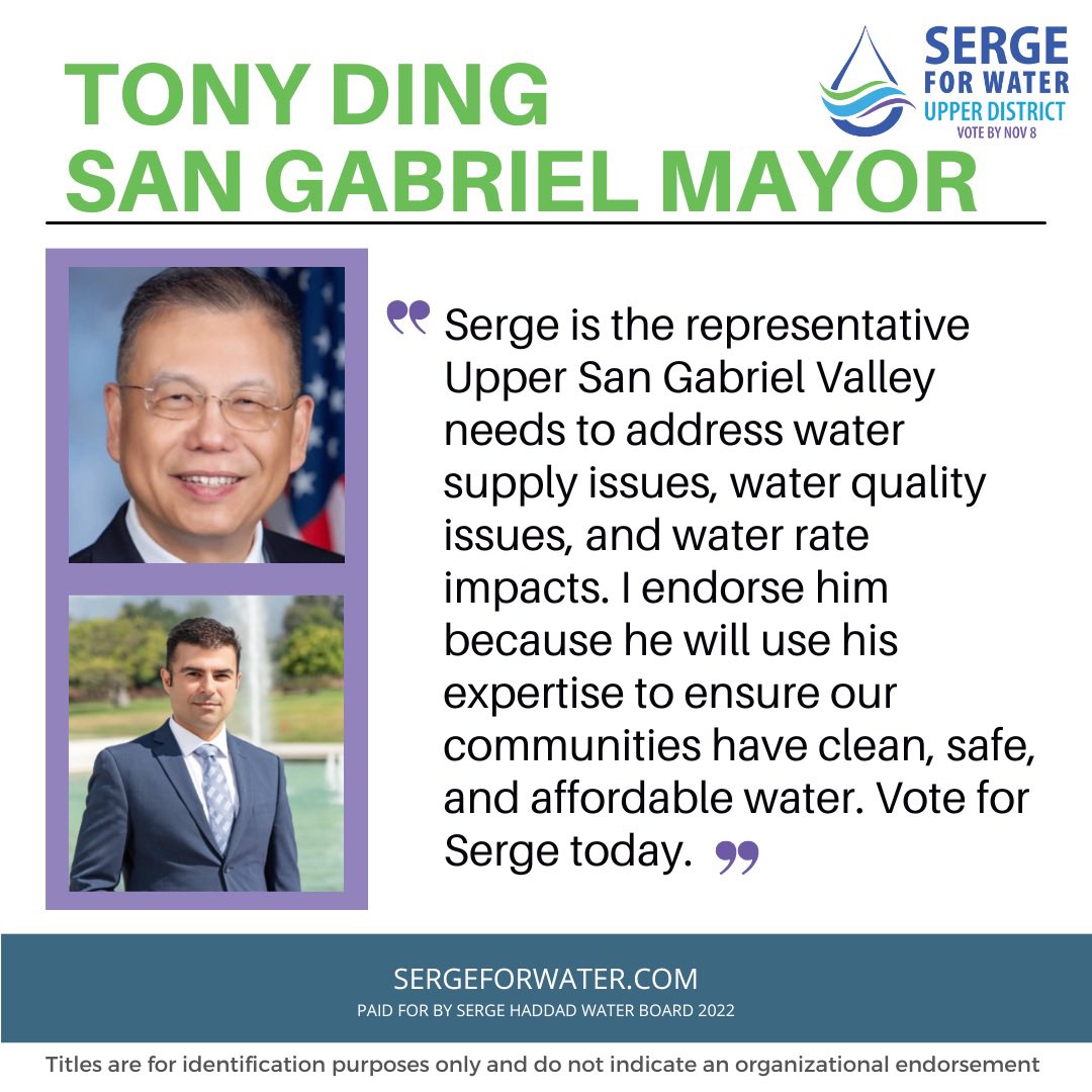 SergeforWater's tweet photo. Who is ready for a better water future? It's time to Serge the vote!

#SergeForWater #UpperDistrict #Drought #Arcadia #Bradbury #ElMonte #Monrovia #TempleCity #Water #VoteforChange #Vote https://t.co/mXncRml4Nj