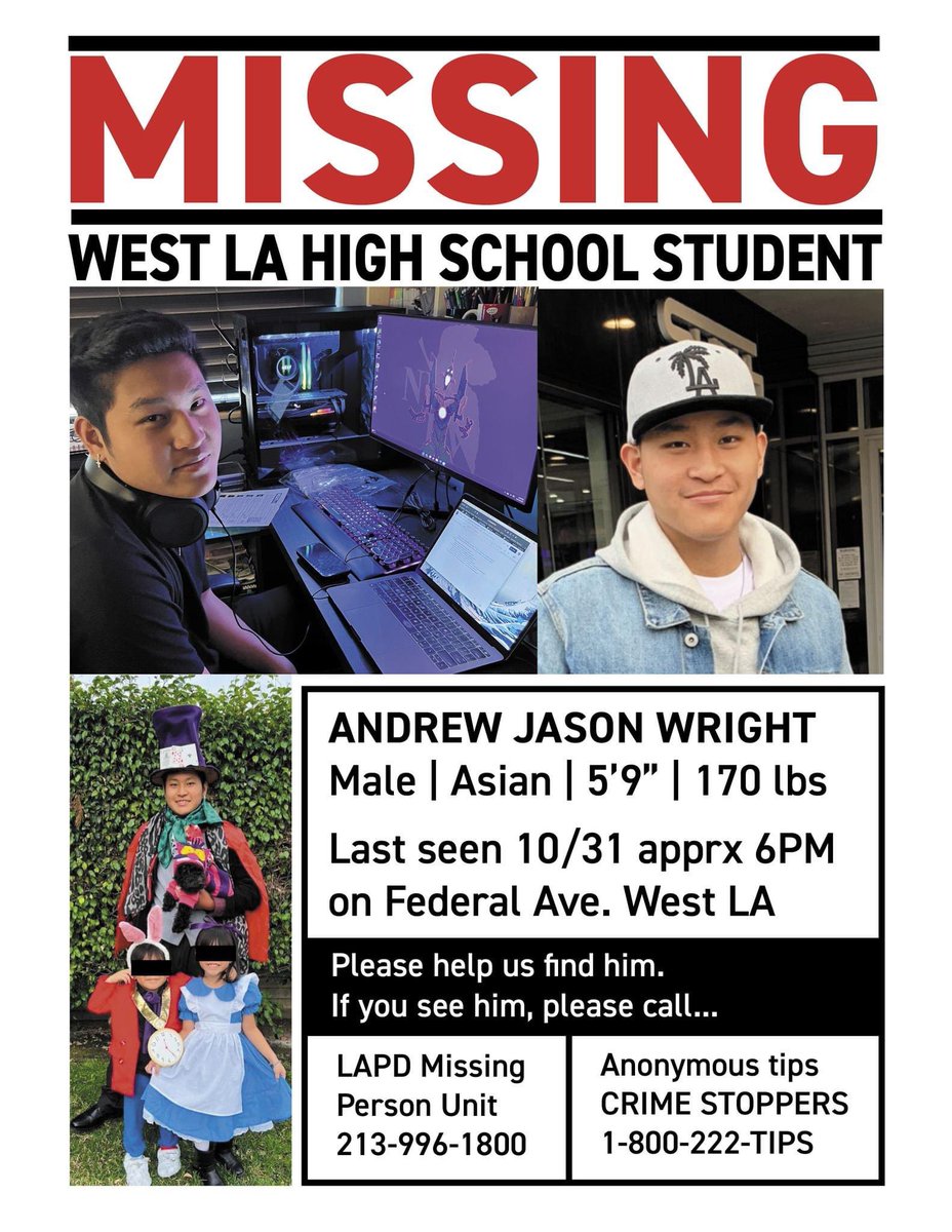 mikebonin's tweet photo. This young man, a student at @palicharterhigh, is missing. His distraught family, friends and school community are asking for the public’s help in finding him. Please be on the lookout and contact the number on the flier if you’ve seen him. https://t.co/34TpFEsJw3