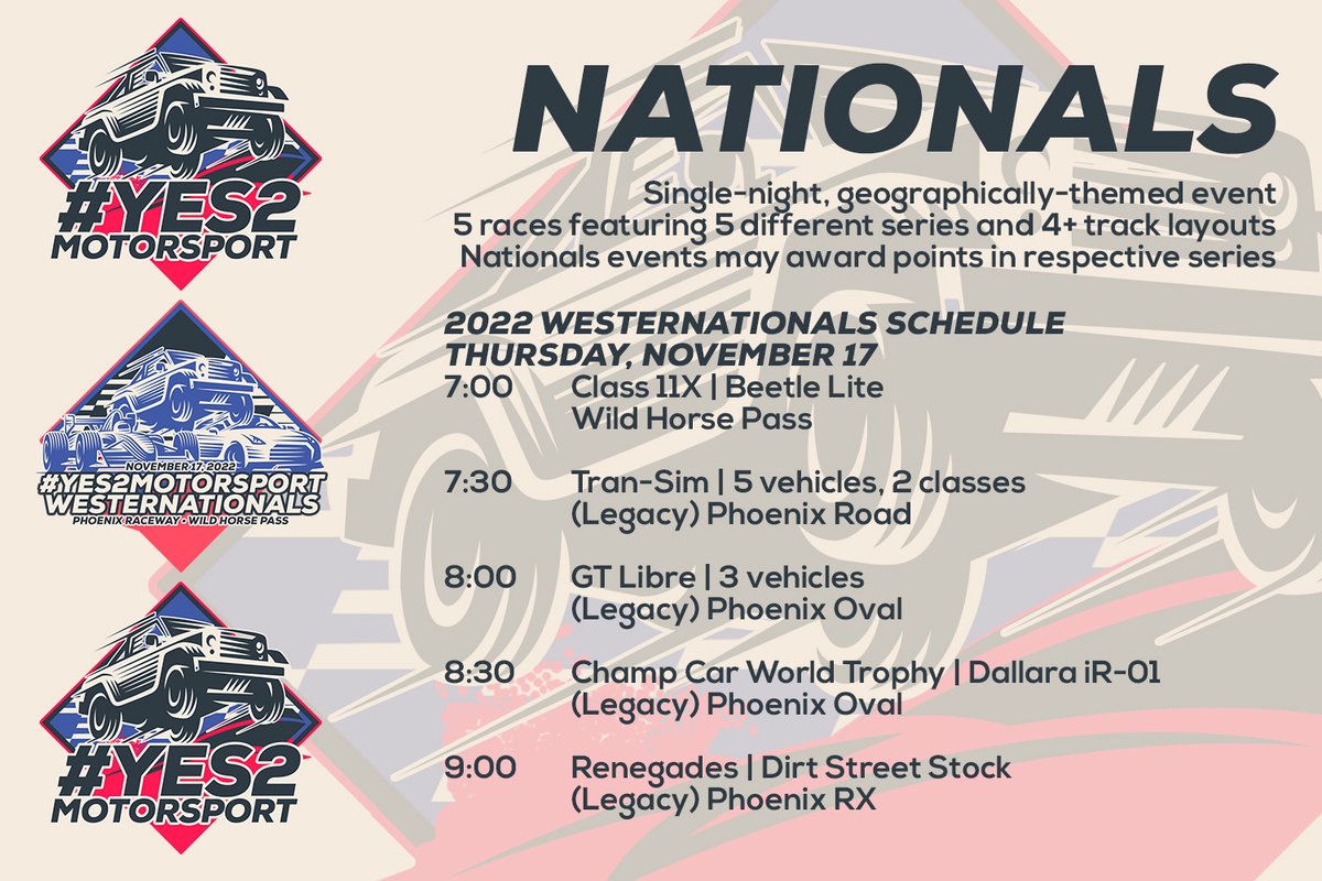 yes2motorsport's tweet photo. November 17 we roll out the #Yes2Motorsport #Westernationals in Arizona. Every layout at Legacy Phoenix, a #TranSim one-off, the returns of #GTLibre and #Class11X and more! https://t.co/VqHgxmY5lh