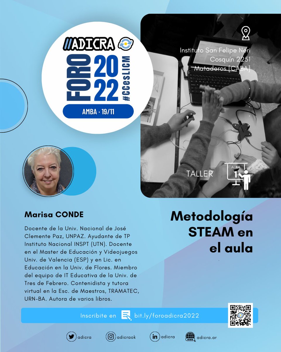 ADICRA's tweet photo. 🔵 En el Foro de Adicra: Metodología STEAM en el aula a cargo de Marisa CONDE!
🔵 🎫 Entrada gratuita Reservá ya tu lugar.
🌐https://t.co/hIMukTPY68

📅 19/11 - 9.00 hs

#CienciasDeLaComputación es #LaInformáticaComoMateria
#CCesLICM
#adicra
#computación
#informática
#foroadicra https://t.co/iIBkNVCNm0