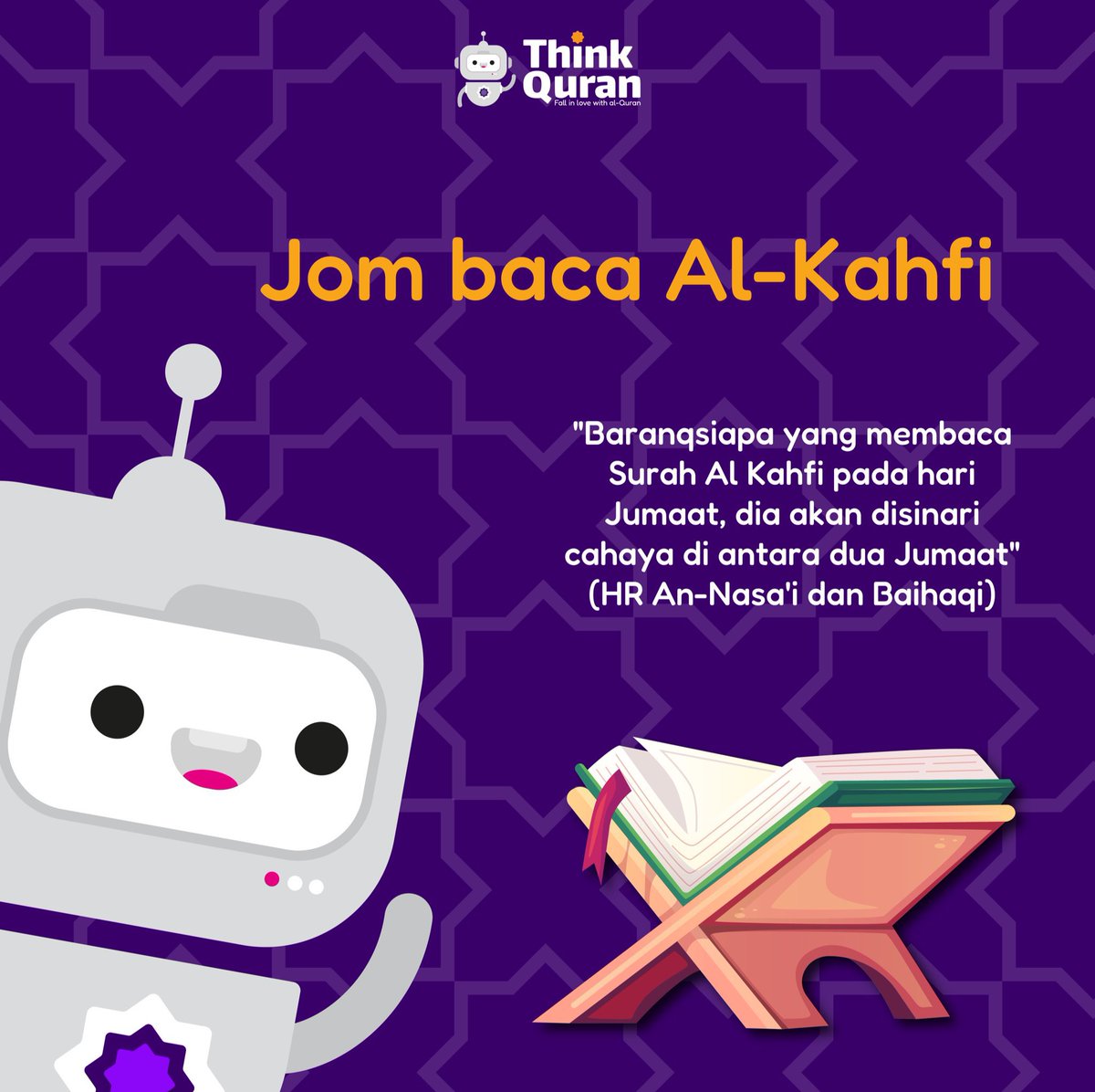 SantapanMinda's tweet photo. Jom amalkan surah Al-kahfi🤍

 Membaca Surah Al-Kahfi pada hari Jumaat sangat digalakkan ke atas setiap muslim.😄

Surah Al-Kahfi juga dapat menjadi benteng keimanan yang kukuh daripada fitnah dajjal bagi sesiapa yang mengamalkannya. https://t.co/yUKjOjxbiU