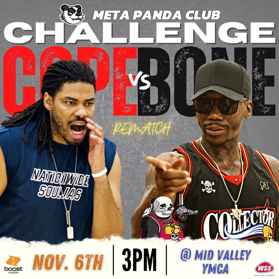 metapandaclub's tweet photo. THIS SUNDAY WE HAVE ANOTHER EXCITING MATCH UP FOR YOU: Coach @BoneCollector23 VS Coach @OptimusCope - And we're anticipating another epic game! 3pm PDT/6pm EDT 11/6.
Join us if you're in SoCal, or catch it on @xvsxsports YouTube. Presented by #MetaPandaClub and @boostmobile https://t.co/3HT7MGuJqE
