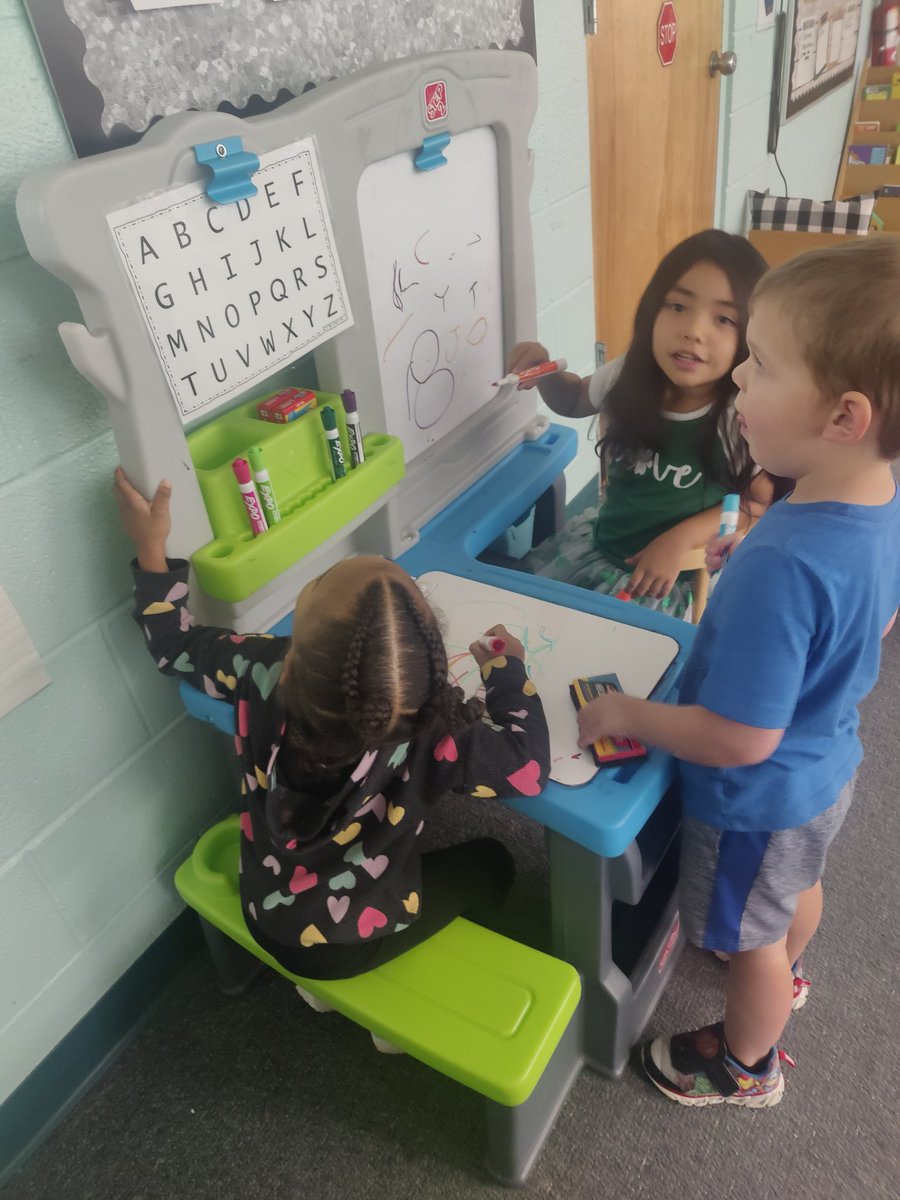 Pre-K blended students  <a href="/PalmTerrace_VCS/">Palm Terrace Elementary</a> working together on writing their alphabet. #inclusivelearning #lovemyjob