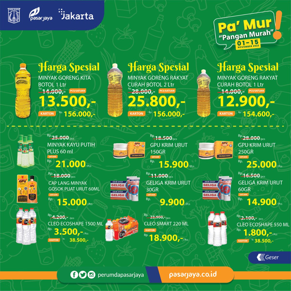 PasarJaya_JKT's tweet photo. Halo Warga DKI Jakarta!  
Promo mingguan kini hadir kembali dalam Promo Pa’Mur “Pangan Murah” bulan November!  

Berikut promo #PaMur yang tersedia di Gerai #JakGrosir #Jakmart &amp; #MiniDC Perumda Pasar Jaya. https://t.co/LQEE67EftM