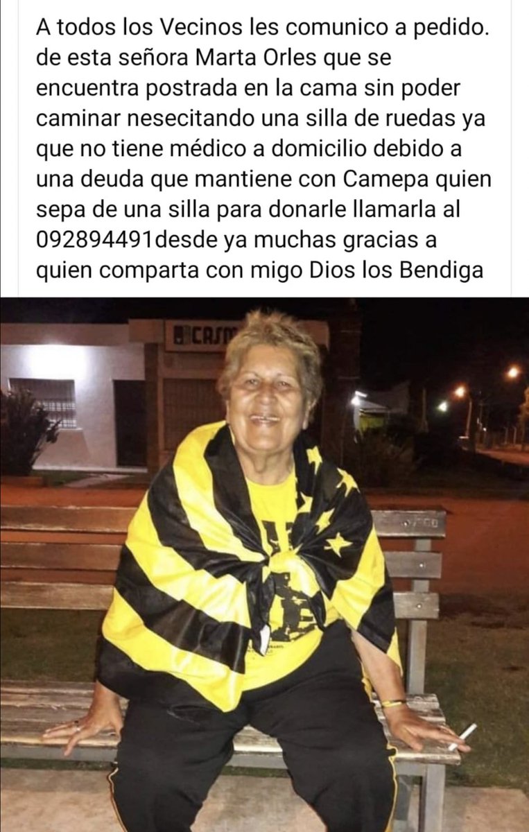 PenaRaulCal's tweet photo. Buenas gente, hoy queremos ayudar a esta gran hincha de Peñarol, seguro muchos conozcan a nuestra querida marta de la ciudad de Suarez! Si saben de algo se comunican con ella o con la peña para poder coordinar y tratar de hacerle el día a día más fácil! Gracias gente den RT https://t.co/S3cYFsoyU4