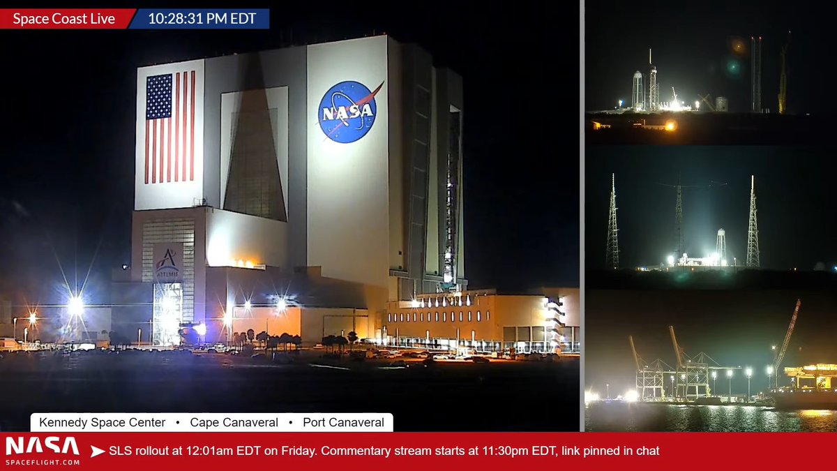 The VAB doors have opened ahead of tonight's rollout! Commentated coverage begins at 11:30 PM EDT (03:30 UTC). In the meantime, watch live views from the Kennedy Space Center: nsf.live/spacecoast