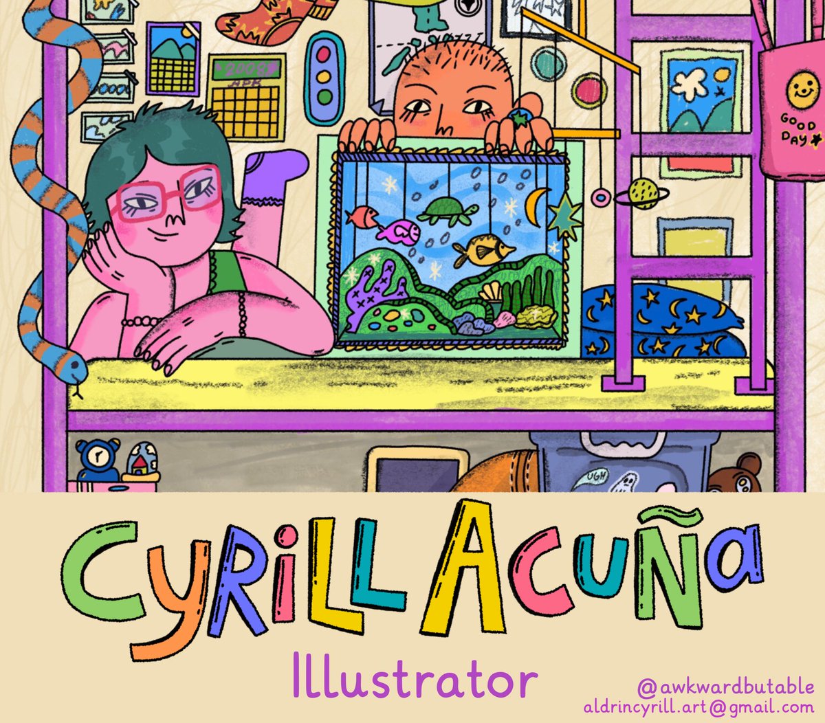 Happy #KidLitArtPostcard day 🔆 I'm Cyrill, an illustrator based in the Philippines. I l love to illustrate funny faces and heartfelt characters. I also like lively and whimsical scenery. I'm currently looking for a representation ✿
