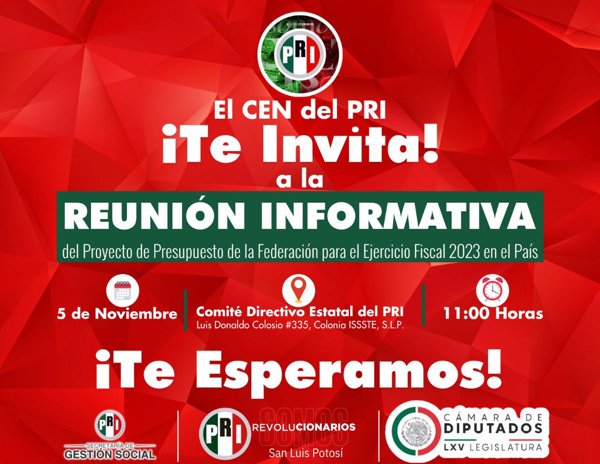 frinne_azuara's tweet photo. Los invito a participar en la Asamblea Informativa del Presupuesto de Egresos de la Federación 2023. 

🗓️05 de Noviembre
⏰11:00 horas.
📍Comité Directivo Estatal del PRI San Luis Potosí, Luis Donaldo Colosio No. 335, Colonia ISSSTE. https://t.co/IGlM3SFX7j