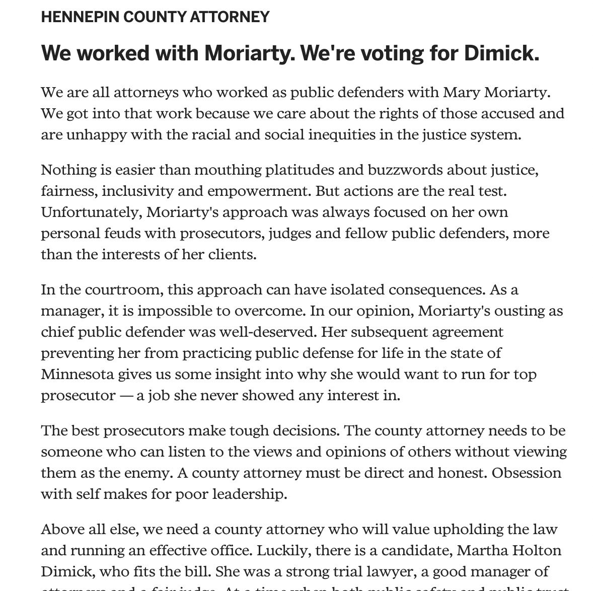 justjuliewick's tweet photo. @johnhaydenmpls @Martha4Hennepin The defenders don’t care for Mary either see their Op-Ed below. If Mary wants to be a prosecutor she should apply for a job in the HCAO. It’s absurd to elect a person to lead an office of 200 prosecutors that has never prosecuted a case?! https://t.co/fgTeg0gAQk