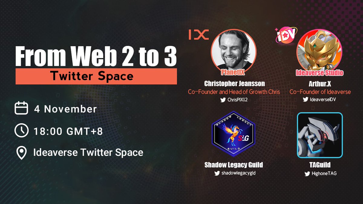 📢Join the forum today at 10:00 UTC! Let's talk about from Web2 to Web3 in IDV Twitter Space with <a href="/ChrisPIX12/">chris</a>, <a href="/shadowlegacygld/">Shadow Legacy Guild</a>, <a href="/HighoneTAG/">Luke Highone High</a> and of course <a href="/ArthurXidea/">Arthur.X</a> from #IDV 🔥

🔗x.com/i/spaces/1ypJd…