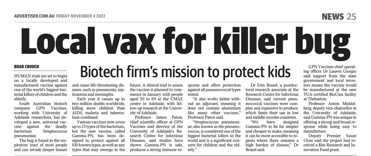 GPN Vaccines (@gpnvaccines) on Twitter photo Thanks for the nice write-up <a href="/Bradcrouch/">Brad Crouch</a> and <a href="/theTiser/">The Advertiser</a>!
To find out more, come along to our public Q&A session on Tue 8 Nov, featuring Prof James Paton and hosted by Prof Rob Morrison OAM. You can register here: gpnvaccines.com/clinical-trial Thanks for the nice write-up <a href="/Bradcrouch/">Brad Crouch</a> and <a href="/theTiser/">The Advertiser</a>!
To find out more, come along to our public Q&A session on Tue 8 Nov, featuring Prof James Paton and hosted by Prof Rob Morrison OAM. You can register here: gpnvaccines.com/clinical-trial