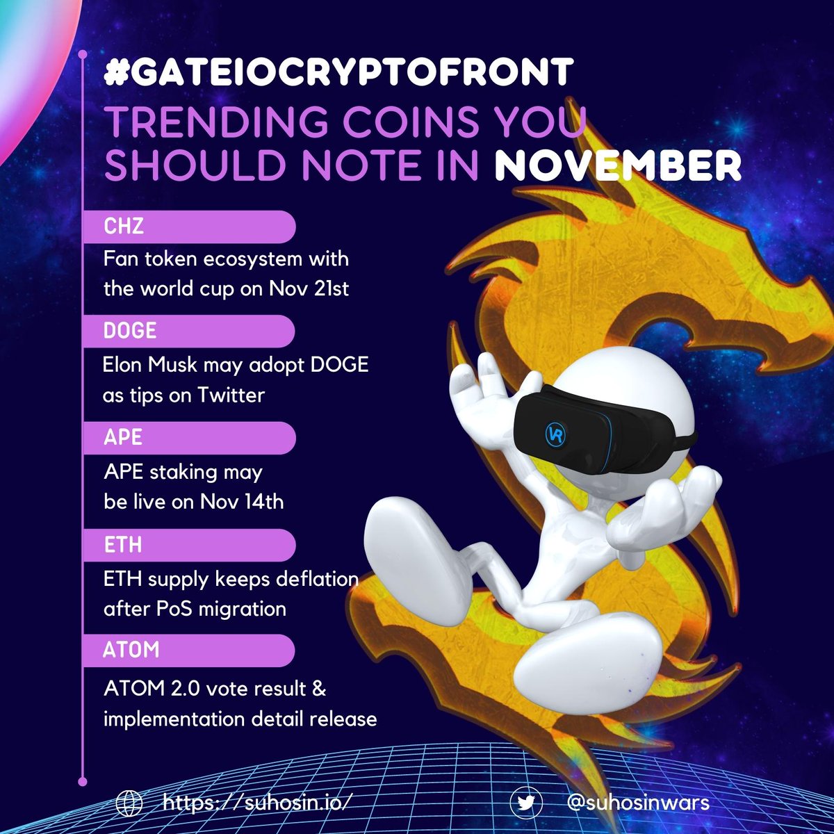suhosinwars's tweet photo. "📡#GateioCryptoFront
🔋Trending Coins You Should Note in November🔋
⚽️ $CHZ
🐕 $DOGE
🦧 $APE
⛓️ $ETH
🕸️ $ATOM
Find out the reasons from the image below👇
You can let us know which #crypto you prefer.
#Gateio
#TrendingCoins
#NFTGames
#NFTCollections" https://t.co/tQel7Vzi82